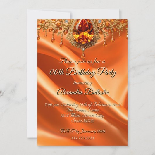 バースデーパーティー金ゴールドシルクオレンジジュエル 招待状 (裏面)