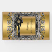 バースデーパーティー金ゴールドシルバーブラックボウ 横断幕 (横)