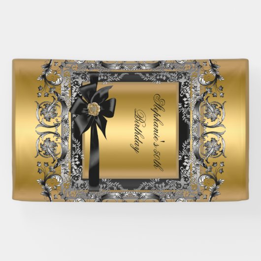 バースデーパーティー金ゴールドシルバーブラックボウ 横断幕 (横)