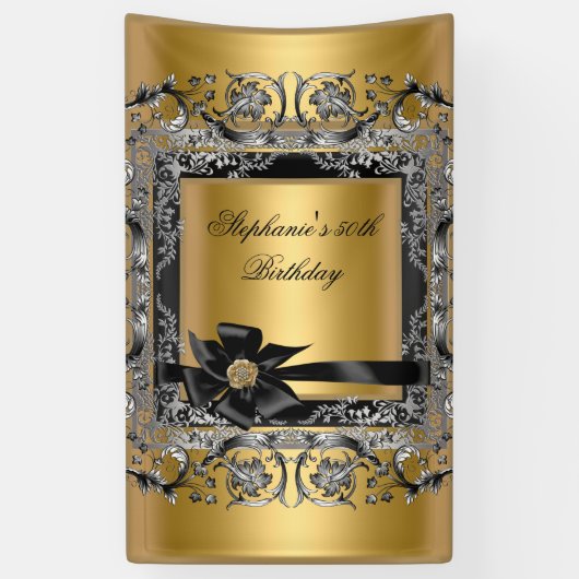 バースデーパーティー金ゴールドシルバーブラックボウ 横断幕 (縦)