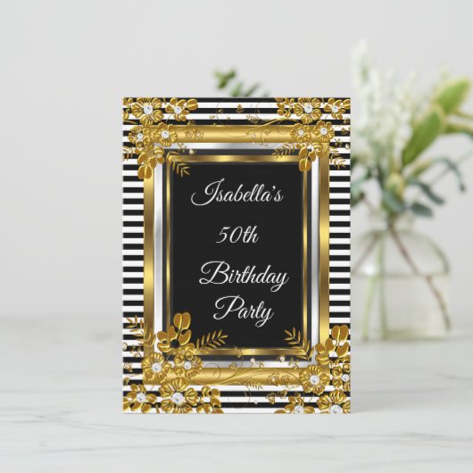 バースデーパーティー金ゴールドストライプ白黒フローラ 招待状 (スタンド正面)