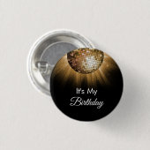 バースデーパーティー金ゴールドスパークルディスコボール 缶バッジ (正面&裏面)