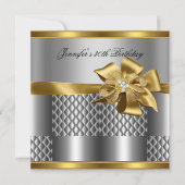 バースデーパーティー金ゴールドタイルトリムシルバーグレーダイヤモンド 招待状 (正面)