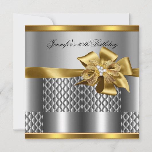 バースデーパーティー金ゴールドタイルトリムシルバーグレーダイヤモンド 招待状 (正面)