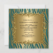 バースデーパーティー金ゴールドティール（緑がかった色）ブルーフローラウィメンズ50th 招待状 (裏面)