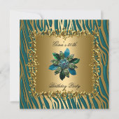バースデーパーティー金ゴールドティール（緑がかった色）ブルーフローラウィメンズ50th 招待状 (正面)