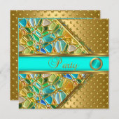 バースデーパーティー金ゴールドティール(緑がかった色)ブルー金ゴールドスポットモサイア 招待状 (正面/裏面)