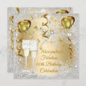 バースデーパーティー金ゴールドバルーンシャンパンスノーフレーク 招待状 (正面/裏面)