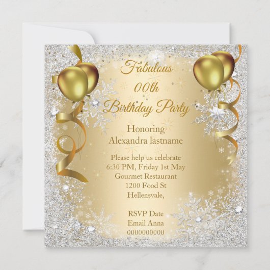 バースデーパーティー金ゴールドバルーンシャンパンスノーフレーク 招待状 (裏面)