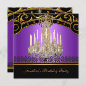 バースデーパーティー金ゴールドパープルブラックシャンデリア 招待状 (正面/裏面)
