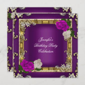 バースデーパーティー金ゴールドパープルプラムクリームバラ 招待状 (正面/裏面)