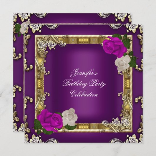 バースデーパーティー金ゴールドパープルプラムクリームバラ 招待状 (正面/裏面)