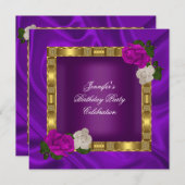バースデーパーティー金ゴールドパープルプラムピンクローズ 招待状 (正面/裏面)