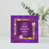 バースデーパーティー金ゴールドパープルプラムピンクローズ 招待状 (スタンド正面)