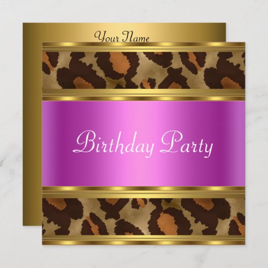 バースデーパーティー金ゴールドピンクヒョウ 招待状 (正面/裏面)