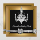 バースデーパーティー金ゴールドブラックシャンデリアシルバーボウ 招待状 (正面/裏面)
