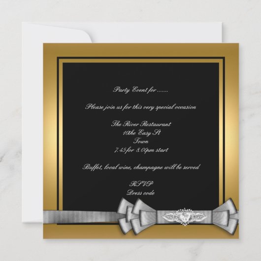 バースデーパーティー金ゴールドブラックシャンデリアシルバーボウ 招待状 (裏面)