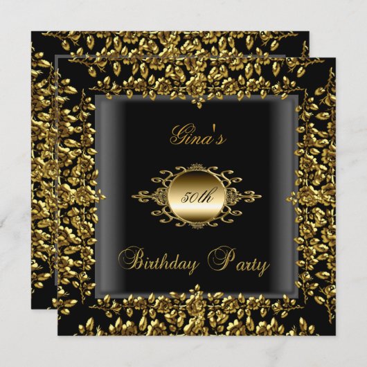 バースデーパーティー金ゴールドブラックフローラウィメンズ50th 招待状 (正面/裏面)