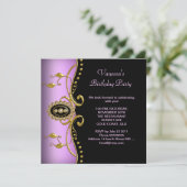 バースデーパーティー金ゴールドブラック薄紫ピンク 招待状 (スタンド正面)