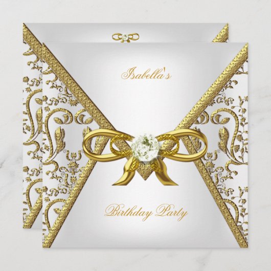 バースデーパーティー金ゴールドホワイトダマスクボウイメージ 招待状 (正面/裏面)