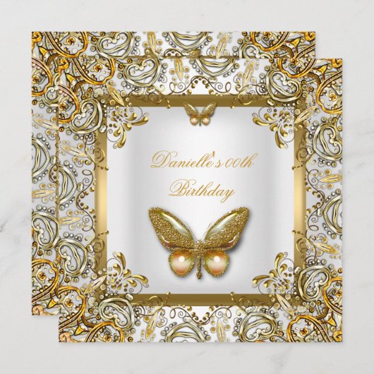 バースデーパーティー金ゴールドホワイトバタフライレース画像 招待状 (正面/裏面)