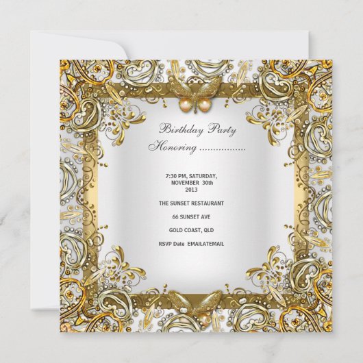 バースデーパーティー金ゴールドホワイトバタフライレース画像 招待状 (裏面)