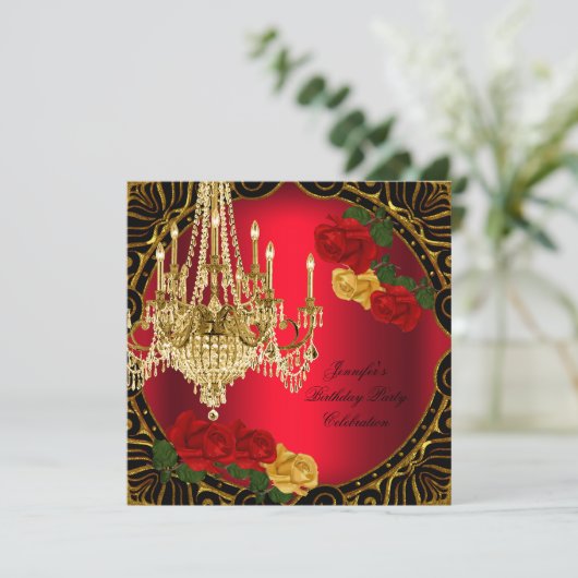バースデーパーティー金ゴールドレッドイエローローズシャンデリア 招待状 (スタンド正面)
