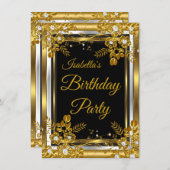 バースデーパーティー金ゴールド白黒ダイヤモンドフローラ 招待状 (正面/裏面)