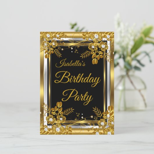 バースデーパーティー金ゴールド白黒ダイヤモンドフローラ 招待状 (スタンド正面)