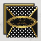 バースデーパーティー金ゴールド白黒水玉模様 招待状 (正面/裏面)