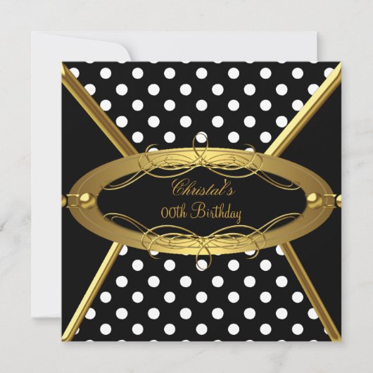 バースデーパーティー金ゴールド白黒水玉模様 招待状 (正面)