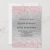 バースデーパーティー銀のグリッターは金属のピンクを乾燥 招待状 (正面)