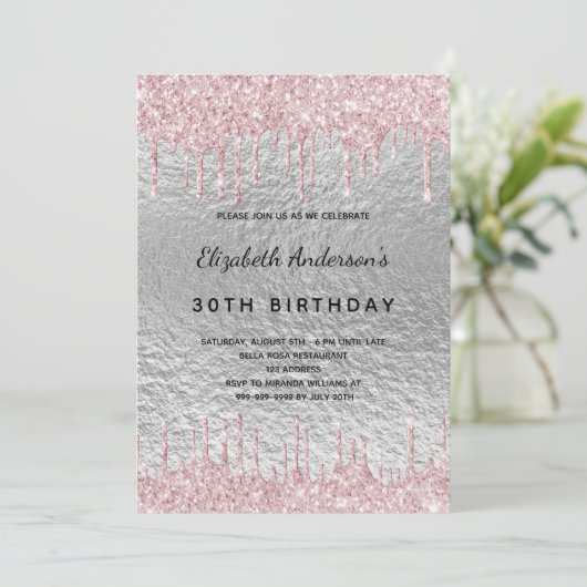 バースデーパーティー銀のグリッターは金属のピンクを乾燥 招待状 (スタンド正面)