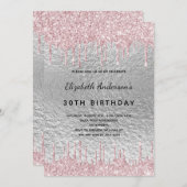 バースデーパーティー銀のグリッターは金属のピンクを乾燥 招待状 (正面/裏面)