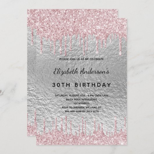 バースデーパーティー銀のグリッターは金属のピンクを乾燥 招待状 (正面/裏面)