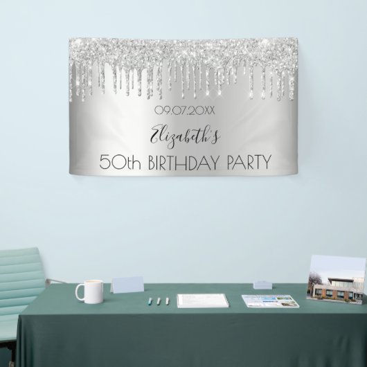 バースデーパーティー銀のグリッタードリップスパークルグラーム 横断幕 (トレードショー)