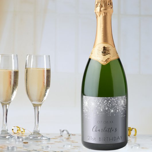 バースデーパーティー銀グリッターダストモノグラム スパークリングワインラベル