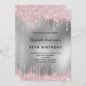 バースデーパーティー銀グリッタードリップピンク 招待状 (正面/裏面)