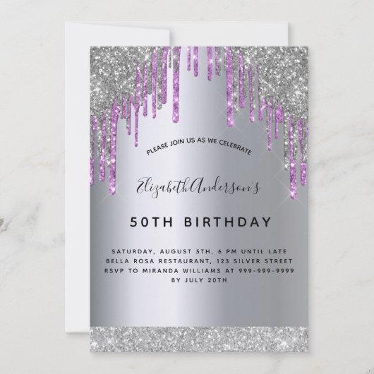 バースデーパーティー銀パープルグリッターの輝き 招待状 (正面)