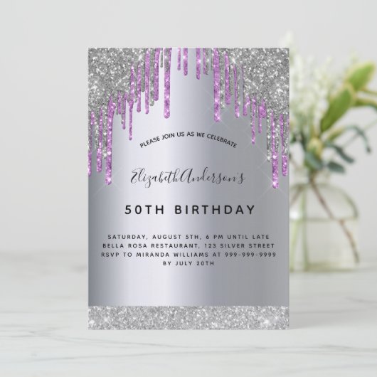 バースデーパーティー銀パープルグリッターの輝き 招待状 (スタンド正面)