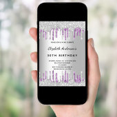 バースデーパーティー銀パープルグリッタードリップ 招待状