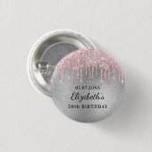 バースデーパーティー銀ピンクグリッタードリップ名 缶バッジ (正面&裏面)