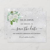 バースデーパーティー銀フローラ保存の日付カード (正面/裏面)