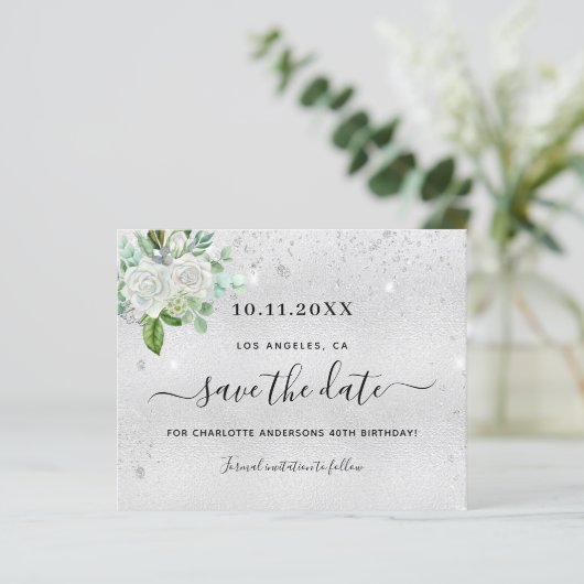 バースデーパーティー銀フローラ保存の日付カード (スタンド正面)