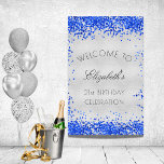 バースデーパーティー銀王室の色紙吹雪歓迎 ポスター<br><div class="desc">青フェイク色の飾紙吹雪で銀王室の色の背景文字付き：へようこそ – 21歳の誕生日お祝い。名前をカスタマイズして追加する。</div>