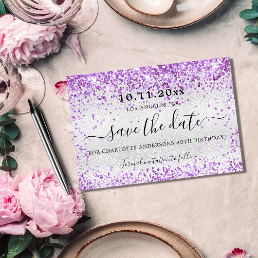 バースデーパーティー銀紫の紫のグリッター セーブザデート