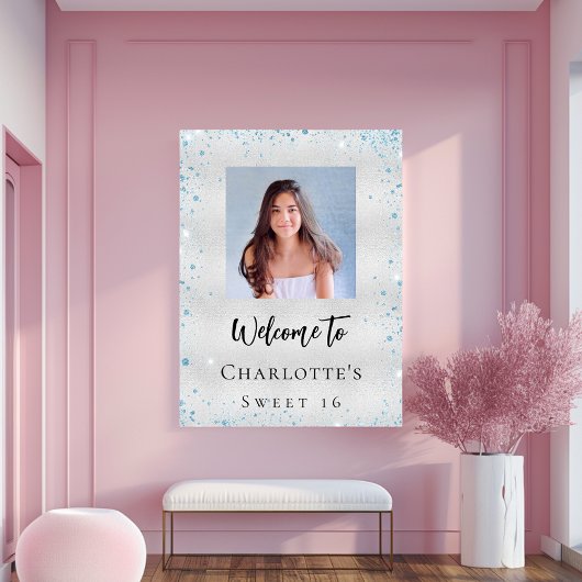 バースデーパーティー銀色のグリッター写真へようこそ ポスター