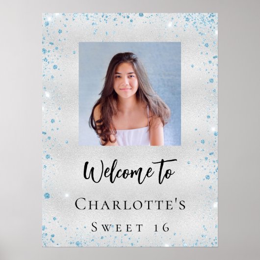 バースデーパーティー銀色のグリッター写真へようこそ ポスター (正面)