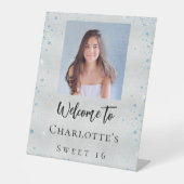 バースデーパーティー銀色のグリッター写真へようこそ 台座サイン (正面)