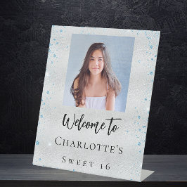 バースデーパーティー銀色のグリッター写真へようこそ 台座サイン